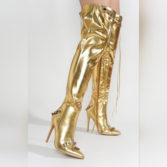 Gold Over-the-Knee Stiletto Boots - Women's Fashion Knee-High Heels